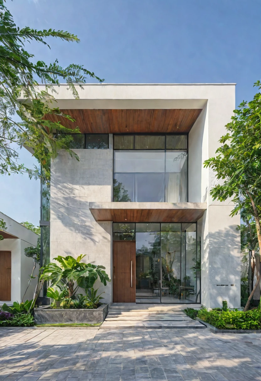 modern villa on street, (daylight), tropical tree, green shrub and plants, vivid color, streetcapes, minimalist design, brigth grey tone, (large glass door:1.2), warm interior lighting, modern material, best quality, ultra realistic, masterpiece, 
