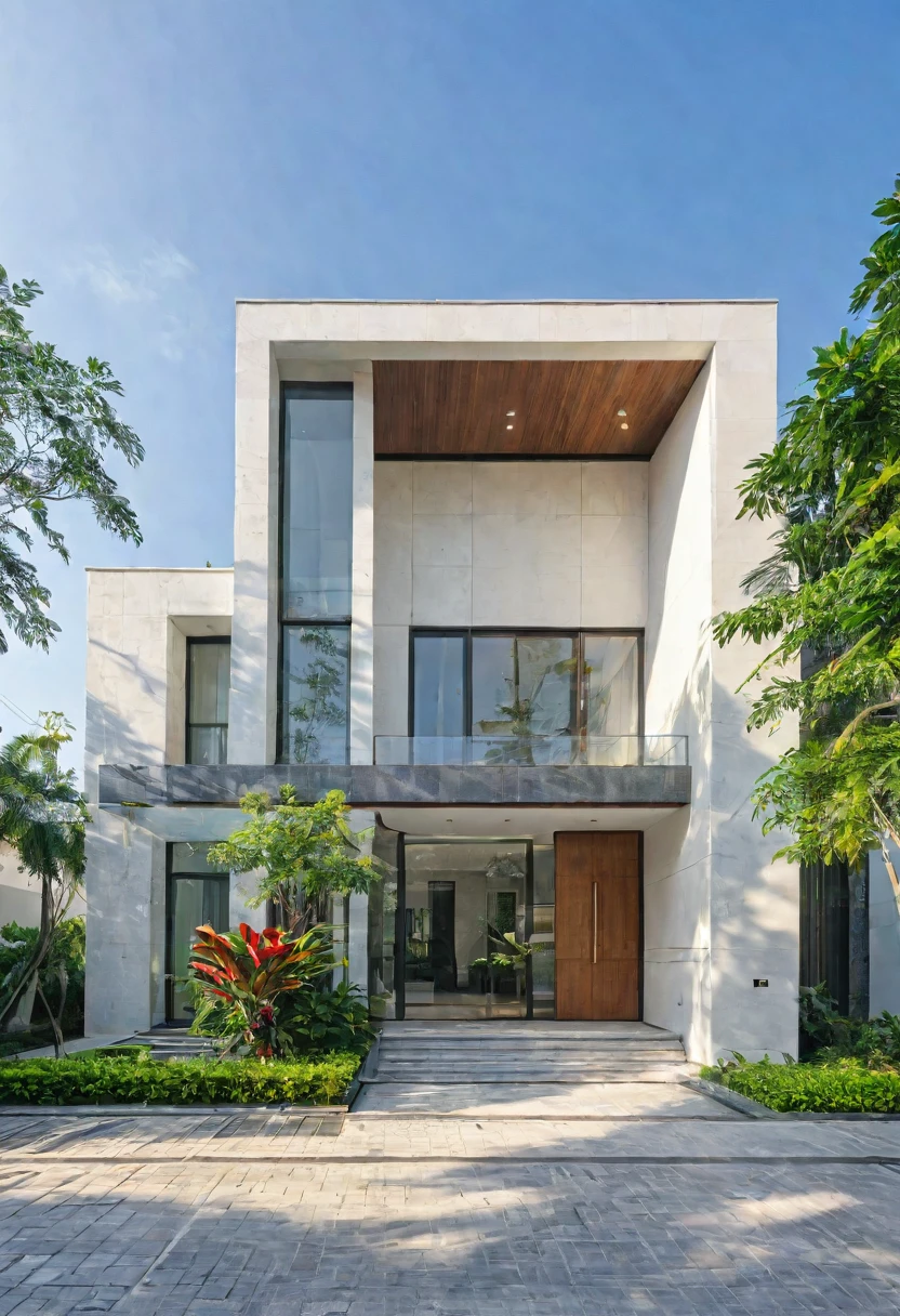 modern villa on street, (daylight), tropical tree, green shrub and plants, vivid color, streetcapes, minimalist design, brigth grey tone, (large glass door:1.2), warm interior lighting, modern material, best quality, ultra realistic, masterpiece, 
