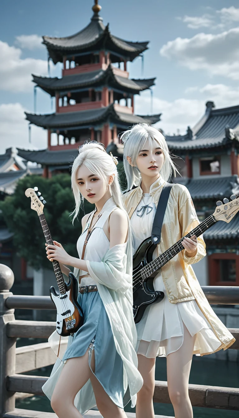 Two girls, A girl holding a guitar, A girl holding a bass, White hair, xianxia fantasy, CG social popularity, Chinese Tower, Foreground floats, Messy hair, Motion Blur, light, Blurred foreground, Movement Line, High Detail, 16K, high resolution, Textured Skin, Super Detail