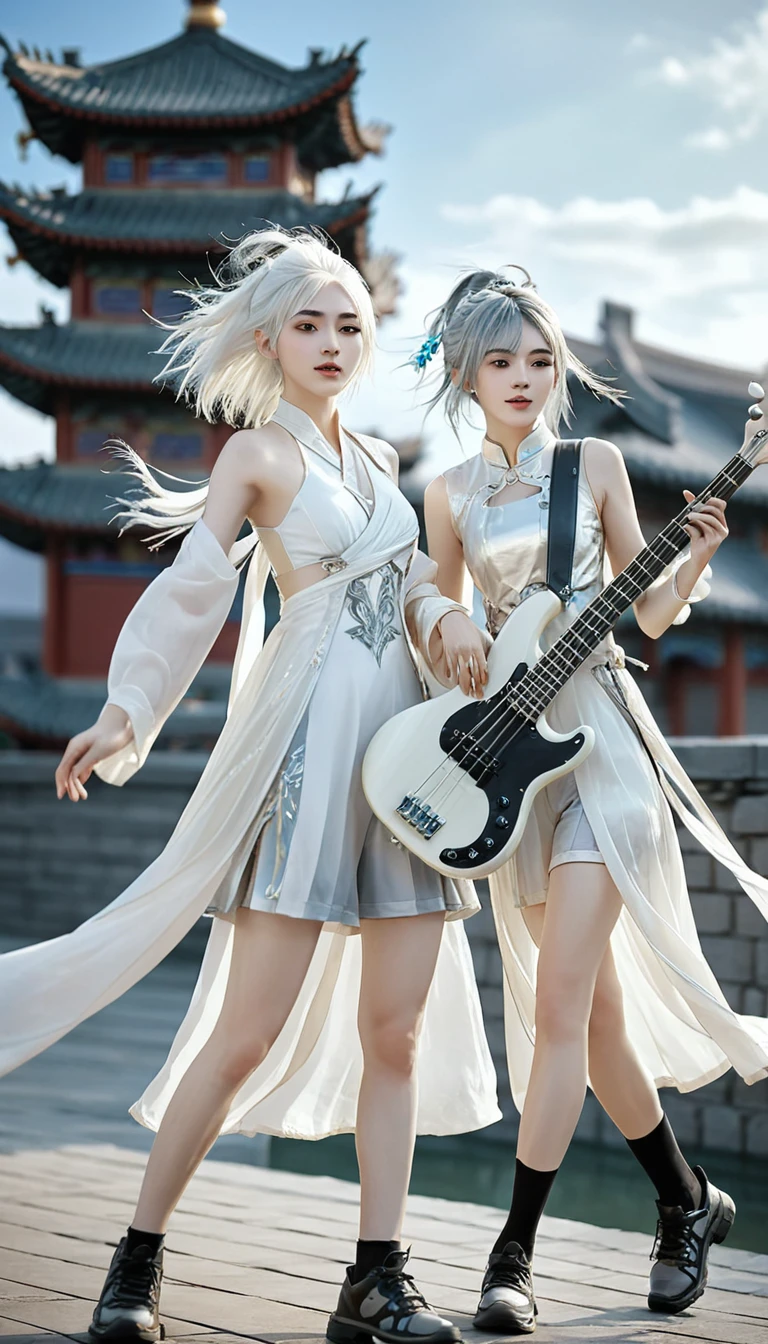 Two girls, A girl holding a guitar, A girl holding a bass, White hair, xianxia fantasy, CG social popularity, Chinese Tower, Foreground floats, Messy hair, Motion Blur, light, Blurred foreground, Movement Line, High Detail, 16K, high resolution, Textured Skin, Super Detail