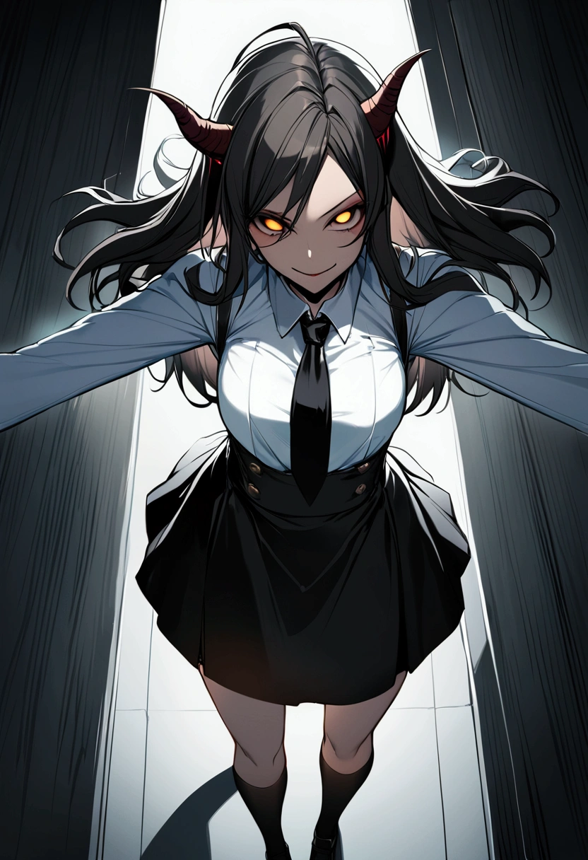 Juri Han, artwork, fitted white secretary shirt with black tie, black high-waist skirt, skirt short,sock, Bblack hair, scary black sun,desk,bangs on the eyes,Lighting,hair horn,from above view,staring overhead,Evil smile,arms crossed
