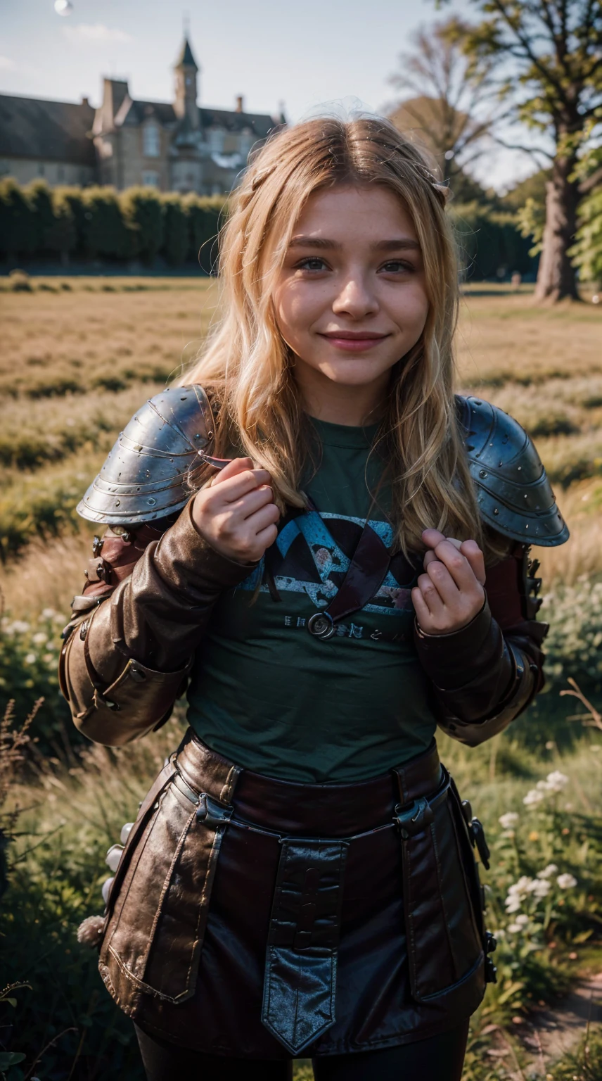 Masterpiece, Best quality,, (photorealistic1.4), (UHD), (epiCRealLife), (flashphoto),, (photorealistic1.4), (Chloe Grace Moretz smile), (chl03gm), (Astrid Hofferson Costume), (astrid_Character outfit), (Astrid Armor) (AstridWaifu), (cowboy shots), (Medieval outdoor), (castle landscape), (at night), (night time), (moon light),