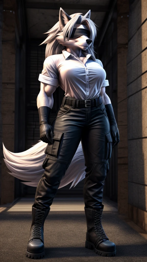 Loona from Helluva Boss, female wolf, anthro, mature adult, white soft hair, blindfold, tall, muscular, white shirt, black cargo pants, black boots, white tactical gloves, solo, beautiful, high quality, 4K