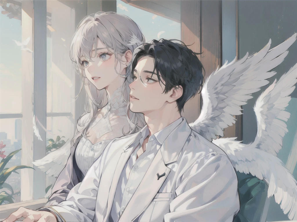 man, side face, wings white behind him, angel
