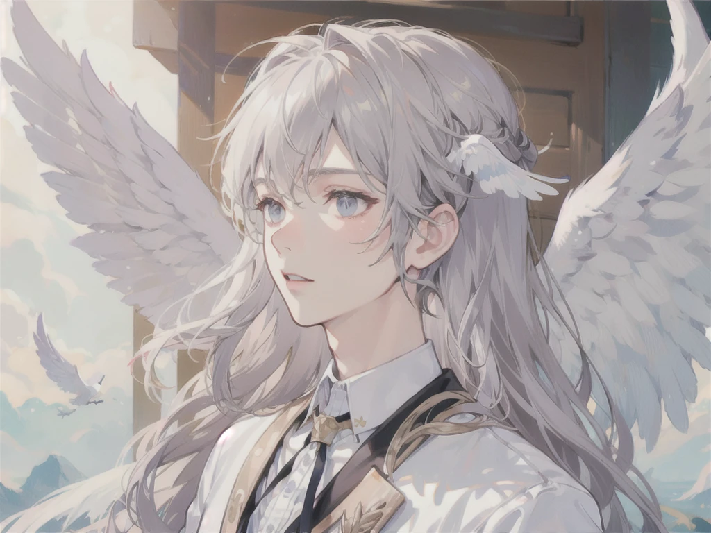 man, side face, wings white behind him, angel
