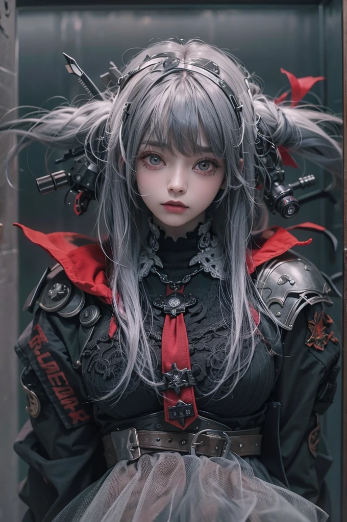 Highest quality、8k、masterpiece：1.3、Gothic Punk、The inside color is red、Gray Black Hair、hair ornaments、Beautiful girl、creative、Dark Fantasy Style、Neogoth、punk shirt fashion：1.2、High resolution、masterpiece、Highest quality、頭w:1.3、((Hasselblad Photos))、Fine skin、Sharp focus、(Cinematic lighting)、Realistic texture