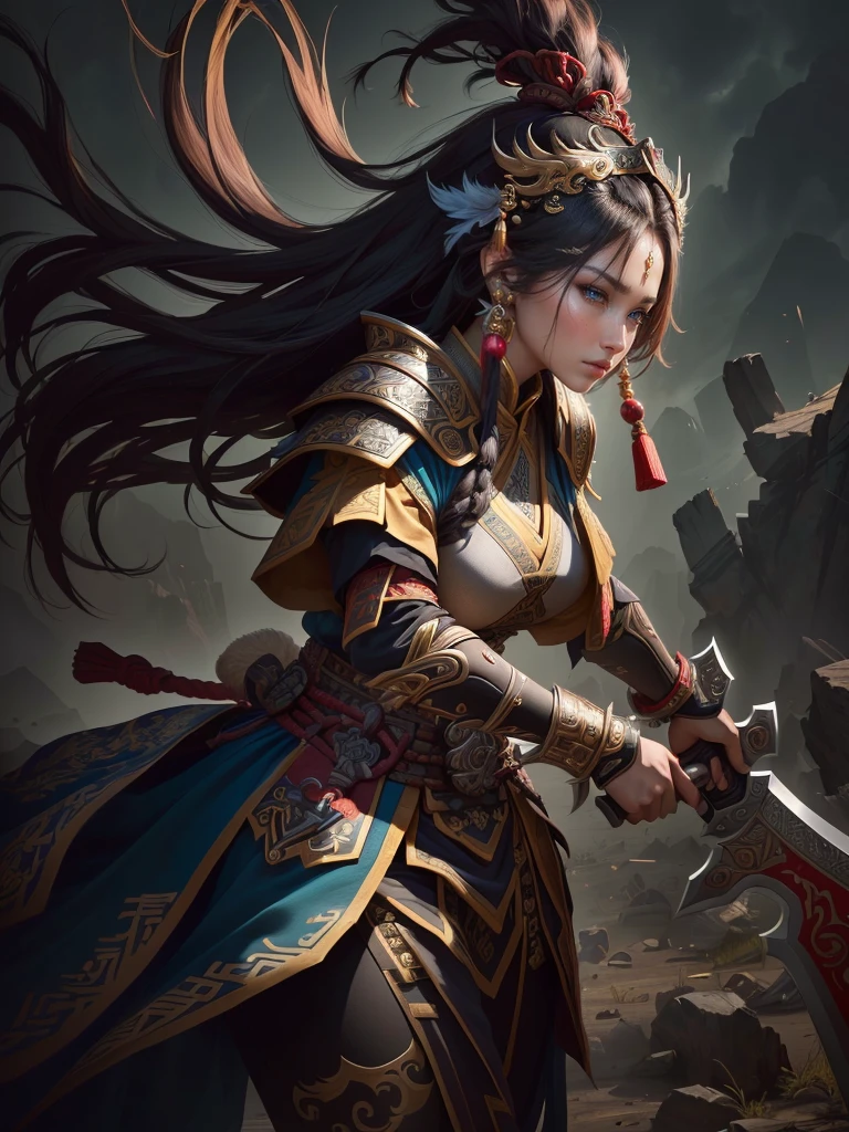 a woman with a large axe and a feathered head, inspired by Hu Zaobin, berserker potrait, guan yu, bian lian, sun wukong, mongol, inspired by Huang Shen, inspired by Li Gonglin, tai warlord, inspired by Wu Bin, wukong, inspired by Li Kan, naranbaatar ganbold, Highly detailed CG unit 8k wallpaper, masterpiece, High resolution, highest quality, highest quality real texture skin, Super Real, Digital Painting, Best image quality, 最High resolution, 8k, ((Highly detailed eyes and face, Beautiful eyes every detail)), 1girl, Full Body Shot,