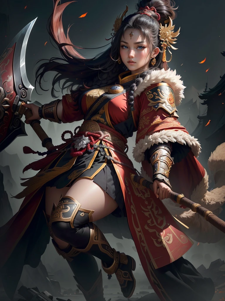 a woman with a large axe and a feathered head, inspired by Hu Zaobin, berserker potrait, guan yu, bian lian, sun wukong, mongol, inspired by Huang Shen, inspired by Li Gonglin, tai warlord, inspired by Wu Bin, wukong, inspired by Li Kan, naranbaatar ganbold, Highly detailed CG unit 8k wallpaper, masterpiece, High resolution, highest quality, highest quality real texture skin, Super Real, Digital Painting, Best image quality, 最High resolution, 8k, ((Highly detailed eyes and face, Beautiful eyes every detail)), 1girl, Full Body Shot,