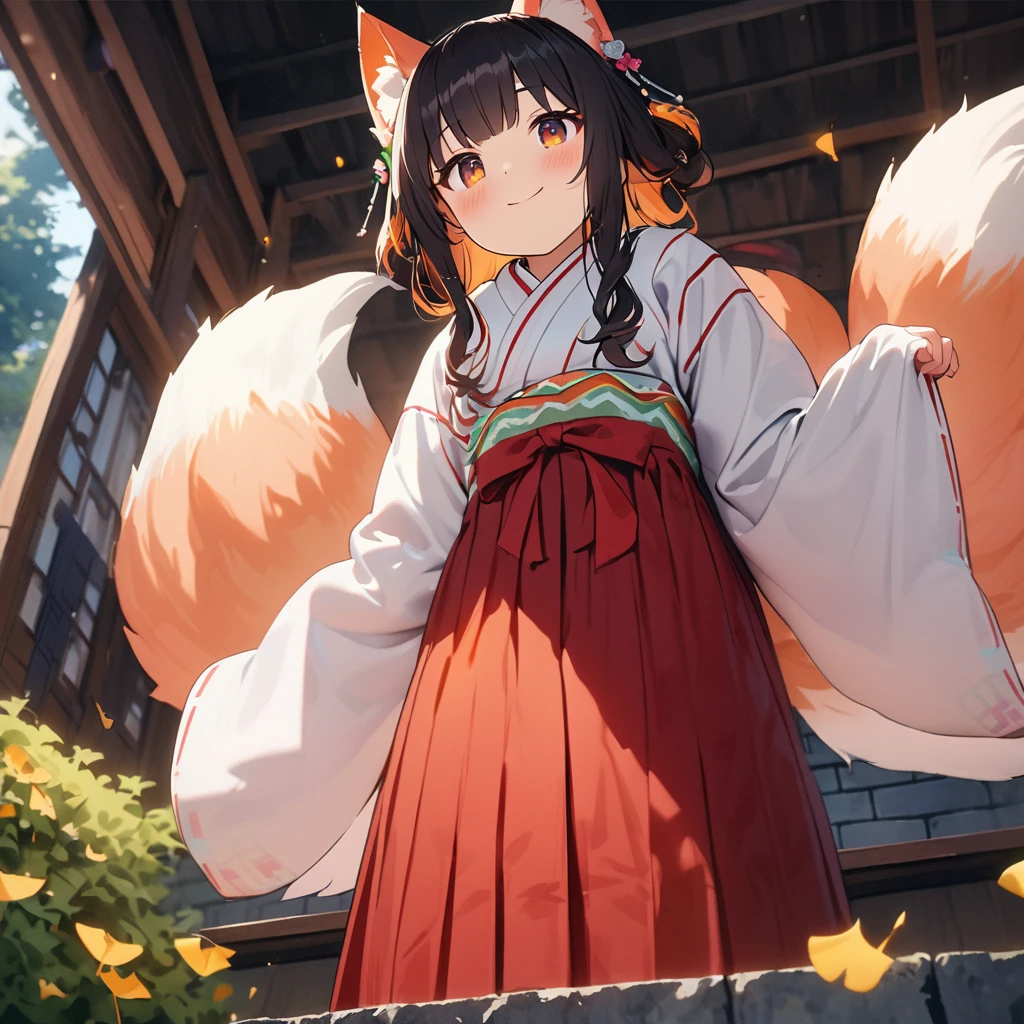 (simple line art,watercolor painting, aesthetic art, pale tone):1.33, (masterpiece, photo_real, official art, octane-render):1.4, 1fox girl, climbing stone stairs, back view, 20yo, (detailed brown eyes, jet-black hair,colored inner orange ombre hair multicolored hair, curly):1.21, black lacquer flower comb, bundled, shiny hair, little wavy, detailed gradient eyes, (beautiful detailed eyes), (detailed indigo eyes:1.2), (narrow eyes, moist eyes, Upward eyes), handsome face, (smile, joy, playful), (perfect hands), [9tails, complex, delicate], (beautiful shrine maiden, detailed white shrine maiden closes,red hakama:1.3), elegant and neat atmosphere, nape, waist-butt line, in dense and delicate detailed kimono, extremely delicate and beautiful kimono, long sleeves, hair ornament,  looking at viewer, (old elementary school, old one-story wooden school building,built on a foundation of stone wall,well-kept shrub,The schoolyard is under the stone wall,gable roof entrance, Tile roof, Loudspeaker above the entrance, Huge ginkgo tree behind the school building,Ginkgo leaves are golden,There is a schoolyard under the stone wall.), (ginkgo leaf carpet:1.4), (falling on the moss-covered stone steps and schoolyard:1.3), majestic atmosphere, focus flowers, (falling on the moss-covered stone steps and schoolyard:1.3), static, (9 fluffy fox tails:1.3), (from below,low angle), (subjective perspective), (particle light, colorful, dramatic shadows, light-shadow symmetry), 