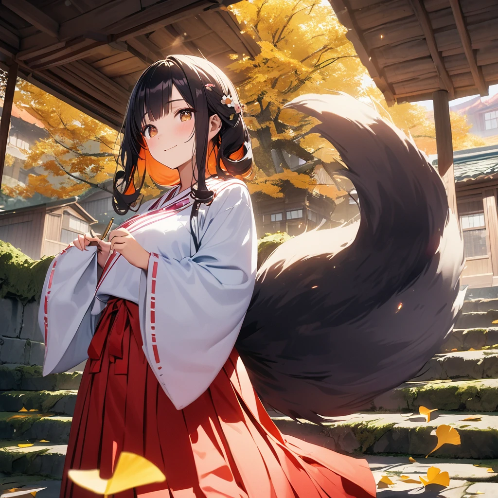 (simple line art,watercolor painting, aesthetic art, pale tone):1.33, (masterpiece, photo_real, official art, octane-render):1.4, 1fox girl, climbing stone stairs, back view, 20yo, (detailed brown eyes, jet-black hair,colored inner orange ombre hair multicolored hair, curly):1.21, black lacquer flower comb, bundled, shiny hair, little wavy, detailed gradient eyes, (beautiful detailed eyes), (detailed indigo eyes:1.2), (narrow eyes, moist eyes, Upward eyes), handsome face, (smile, joy, playful), (perfect hands), [9tails, complex, delicate], (beautiful shrine maiden, detailed white shrine maiden closes,red hakama:1.3), elegant and neat atmosphere, nape, waist-butt line, in dense and delicate detailed kimono, extremely delicate and beautiful kimono, long sleeves, hair ornament,  looking at viewer, (old elementary school, old one-story wooden school building,built on a foundation of stone wall,well-kept shrub,The schoolyard is under the stone wall,gable roof entrance, Tile roof, Loudspeaker above the entrance, Huge ginkgo tree behind the school building,Ginkgo leaves are golden,There is a schoolyard under the stone wall.), (ginkgo leaf carpet:1.4), (falling on the moss-covered stone steps and schoolyard:1.3), majestic atmosphere, focus flowers, (falling on the moss-covered stone steps and schoolyard:1.3), static, (9 fluffy fox tails:1.3), (from below,low angle), (subjective perspective), (particle light, colorful, dramatic shadows, light-shadow symmetry), 