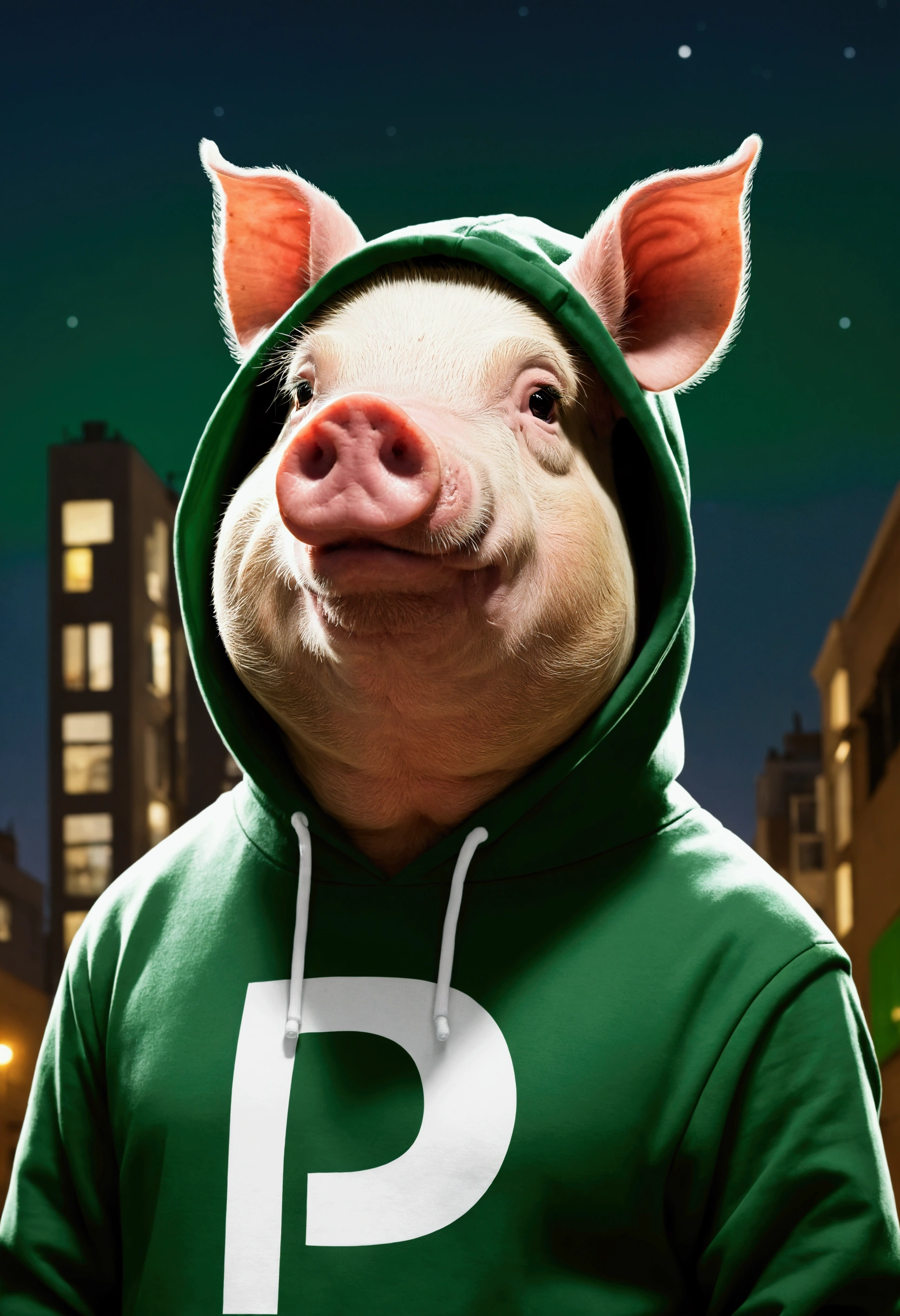 Generate an antropomorphic pig in anime style profile picture wearing a green hoodie with a letter P emblem with white details in a city background with grey buildings at night
