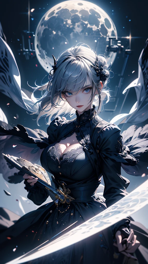 masterpiece, high quality, 4K, Beautiful design, silhouette,Gray Hair, Highly detailed time and space, wonderful, Finer details, Very knowledgeable woman, Highly detailed solo, 1 female,Big Breasts,Gothic ta Fashion,Hold the fan in front of your chest.,Night view,Starry Sky,full moon,