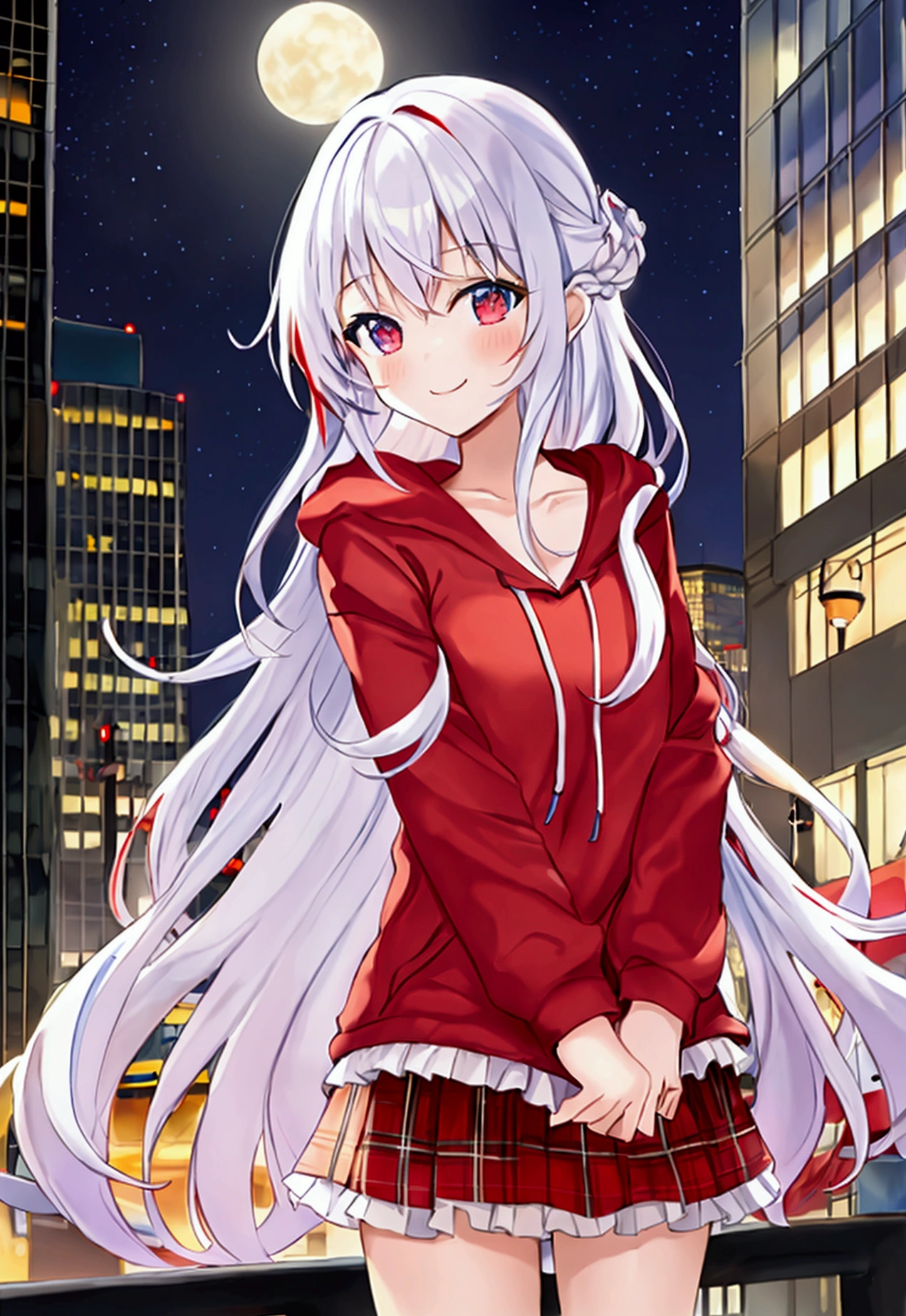 Watercolor, long hair, girl, ,bright atmosphere, smiling, red eyes, blue eyes, white hair, red hair, multi-colored, stripes, long hair, different color, stupid hair, jittery eyes, , small breasts, midline, collarbone, hoodie, red hooded jacket, white shirt, tube top, frilly shirt, black Skirt, Pleated Skirt Faceless, Skyscraper, Full Moon, Building, Neon, Street, Night, Night Sky, Starry Sky, Shooting Star, Cinematic Lighting,