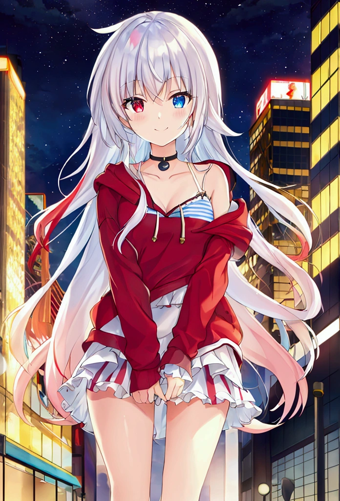 Watercolor, long hair, girl, ,bright atmosphere, smiling, red eyes, blue eyes, white hair, red hair, multi-colored, stripes, long hair, different color, stupid hair, jittery eyes, teen, small breasts, midline, collarbone, hoodie, red hooded jacket, white shirt, tube top, frilly shirt, black Skirt, Pleated Skirt Faceless, Skyscraper, Full Moon, Building, Neon, Street, Night, Night Sky, Starry Sky, Shooting Star, Cinematic Lighting,