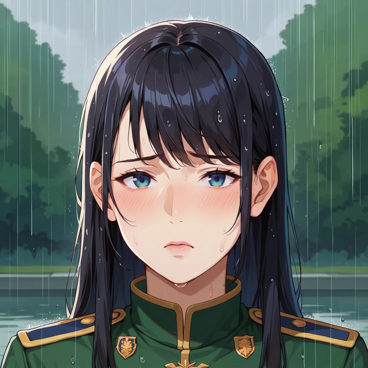 One girl, Long black hair, uniform, shy, blush, Wet, rain, transparent, (masterpiece, Highest quality), Soft Light, Structure of the film, Cinematic Light