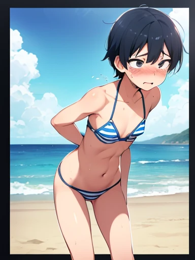 (8k,High quality),(at beach:1.3), stripe border blue White mini micro bikini,((Solo,A boy)),(embarrassed and blush:1.2,disappointed,constricted pupils,tears), seducing,(flat chest:1.5),Short black Hair,lowrise bottom,fullbody