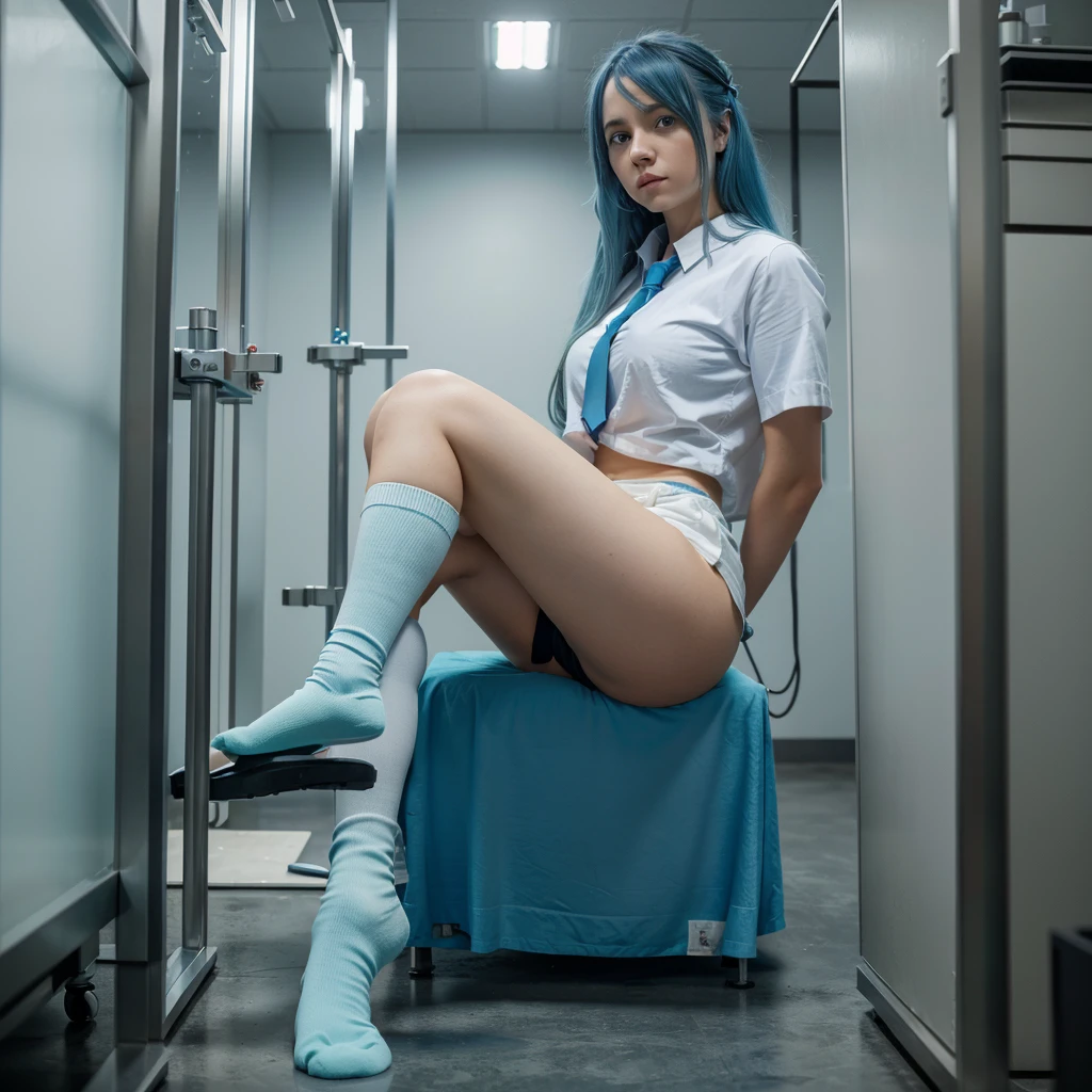 ​masterpiece, best quality, good quality, highres, 1 girl, alone, aqua (Konosuba), Blue hair, Long hair, blue eyes, White shirt ,langer Laboratorykittel, black office skirt, Socks, Full body, Stand, Hands in pockets, bored, depth of field, Laboratory,