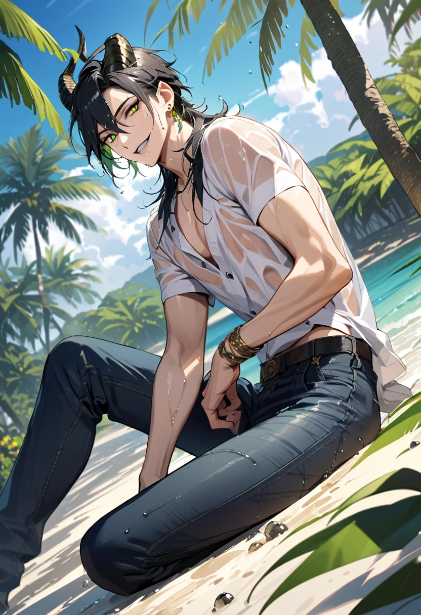 masterpiece, highres, absurdres, illustration,   ((masterpiece:1.4, best quality)), (Ultra detailed background), 1boy, handsome man, highly detailed beautiful face and eyes, beautiful eyes, (sharp detail:1.3), shiny, earrings, bracelet, (wet clothes:1.3), Shirts, Bari, Cebu Island, plumeria, near the beach, dynamic angle,  1boy, sitting on floor, topless, black leather jacket, jeans, dynamic angle, malleus draconia (twisted wonderland) horns, bishounen, boy, male, yana Toboso style, long hair, black hair, yellow green eyes, smile, gray lips, handsome, skinny, tall, yellow green glow,
