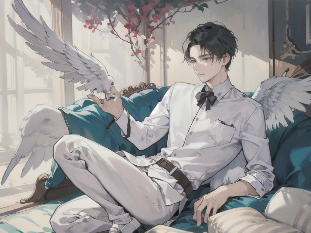 man, side face, wings white behind him, angel, full body