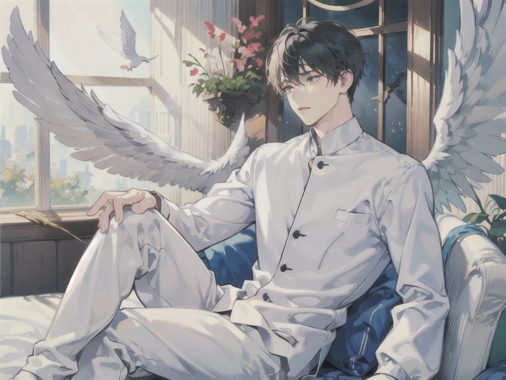 man, side face, wings white behind him, angel, full body
