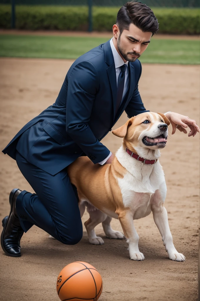 A dog in a suit playing ball