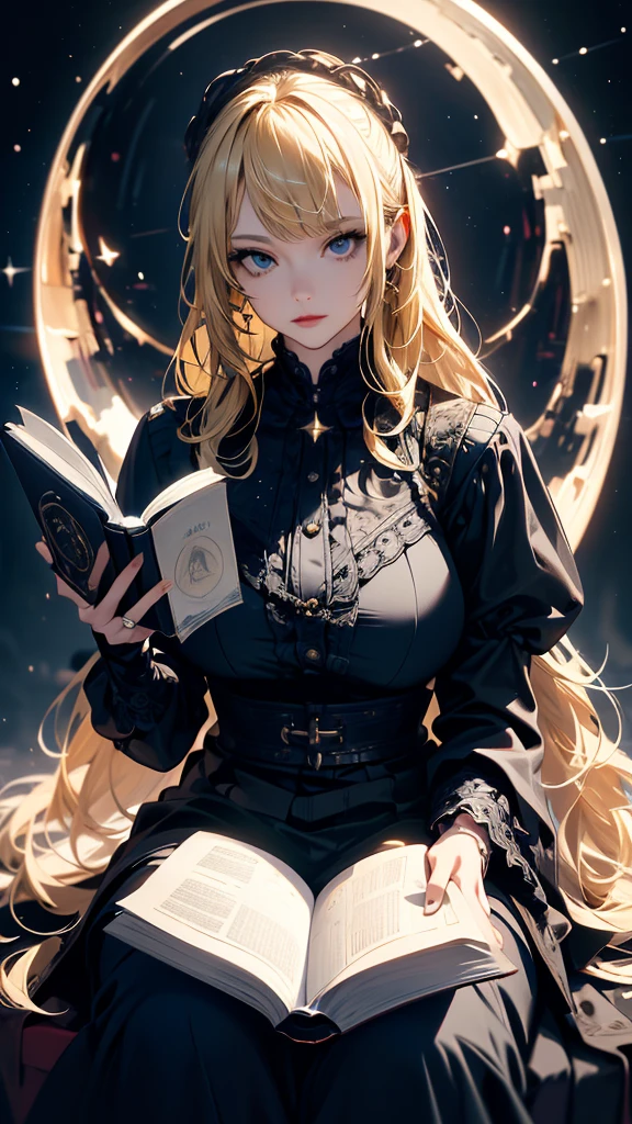 masterpiece, high quality, 4K, Beautiful design, silhouette,blonde, Highly detailed time and space, wonderful, Finer details, Very knowledgeable woman, Highly detailed solo, 1 female,Big Breasts,Gothic Lolita Fashion,Reading a book,Night view,Starry Sky,full moon,