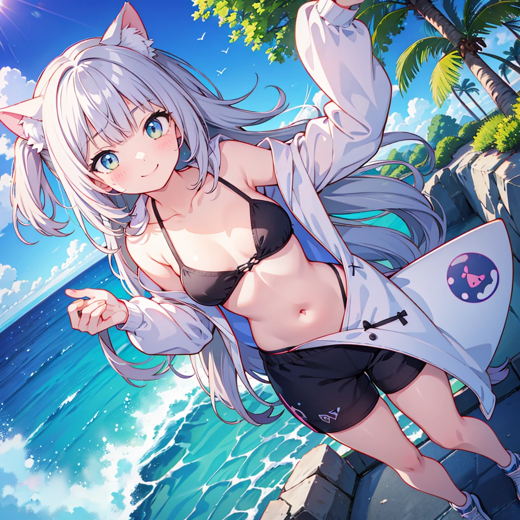 猫耳Girl,Girl,Cheshire Cat,Looking up at the sky,building,whole,Looking down from above,One tail,hoodie,Silver,Silver髪,Long Hair,Side Tail,Serious face,Stare,delicate design, Cute Swimsuits, Young, sound, summer, Ocean, Sandy Beach, Water Play, looks fun, smile, Blue sky, Light of the sun, Clear water, Bright colors, Water's Edge, Vivid eyes, Uplifting, Soft light and shadow,boat,Swim ring,バナナboat,Seductive body lines