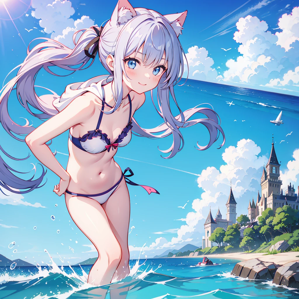 猫耳Girl,Girl,Cheshire Cat,Looking up at the sky,building,whole,Looking down from above,One tail,hoodie,Silver,Silver髪,Long Hair,Side Tail,Serious face,Stare,delicate design, Cute Swimsuits, Young, sound, summer, Ocean, Sandy Beach, Water Play, looks fun, smile, Blue sky, Light of the sun, Clear water, Bright colors, Water&#39;s Edge, Vivid eyes, Uplifting, Soft light and shadow,boat,Swim ring,バナナboat,Seductive body lines