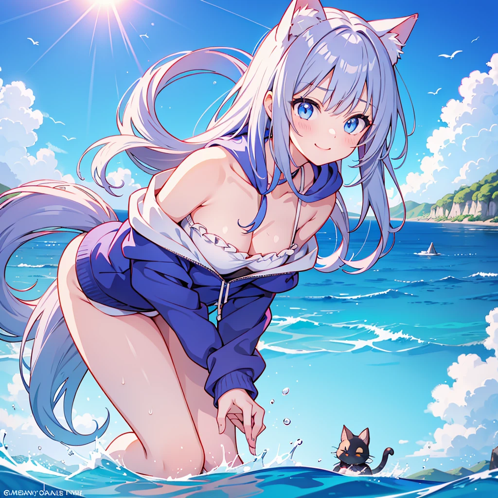 猫耳Girl,Girl,Cheshire Cat,Looking up at the sky,building,whole,Looking down from above,One tail,hoodie,Silver,Silver髪,Long Hair,Side Tail,Serious face,Stare,delicate design, Cute Swimsuits, Young, sound, summer, Ocean, Sandy Beach, Water Play, looks fun, smile, Blue sky, Light of the sun, Clear water, Bright colors, Water's Edge, Vivid eyes, Uplifting, Soft light and shadow,boat,Swim ring,バナナboat,Seductive body lines