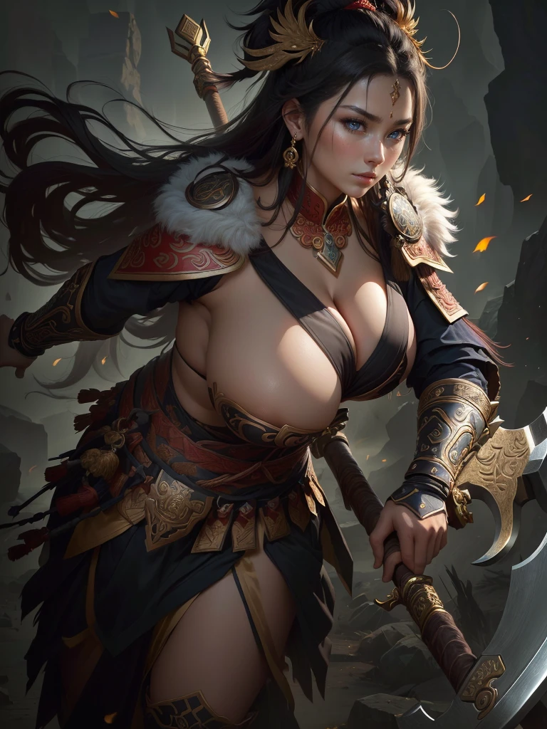 a woman with a large axe and a feathered head, inspired by Hu Zaobin, berserker potrait, guan yu, bian lian, sun wukong, mongol, inspired by Huang Shen, inspired by Li Gonglin, tai warlord, inspired by Wu Bin, wukong, inspired by Li Kan, naranbaatar ganbold, Highly detailed CG unit 8k wallpaper, masterpiece, High resolution, highest quality, highest quality real texture skin, Super Real, Digital Painting, Best image quality, 最High resolution, 8k, ((Highly detailed eyes and face, Beautiful eyes every detail)), 1girl, Full Body Shot, Saggy breasts, Gravity-dependent breasts, long chest, Heavy chest, disproportionate breasts, huge breasts, sagging breasts, gigantic breasts, (erect nipple), Cleavage cut out,