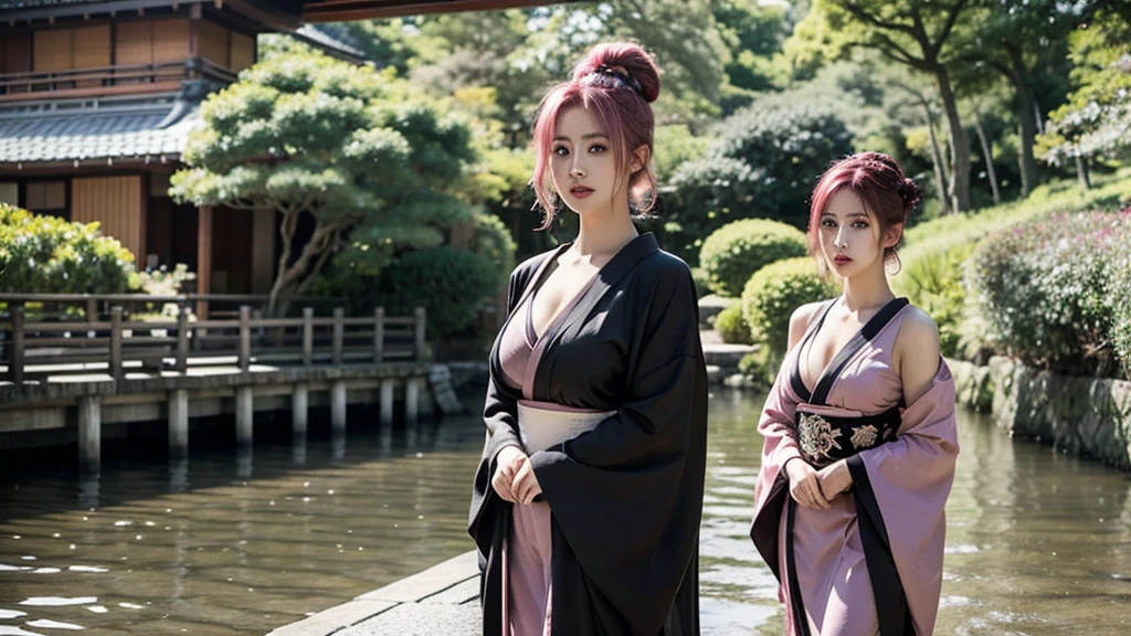 21 year old girl, pink hair, (updo hair). Wearing a black kimono, show it
shoulders, showing big thighs, natural breasts, standing japanese house background.