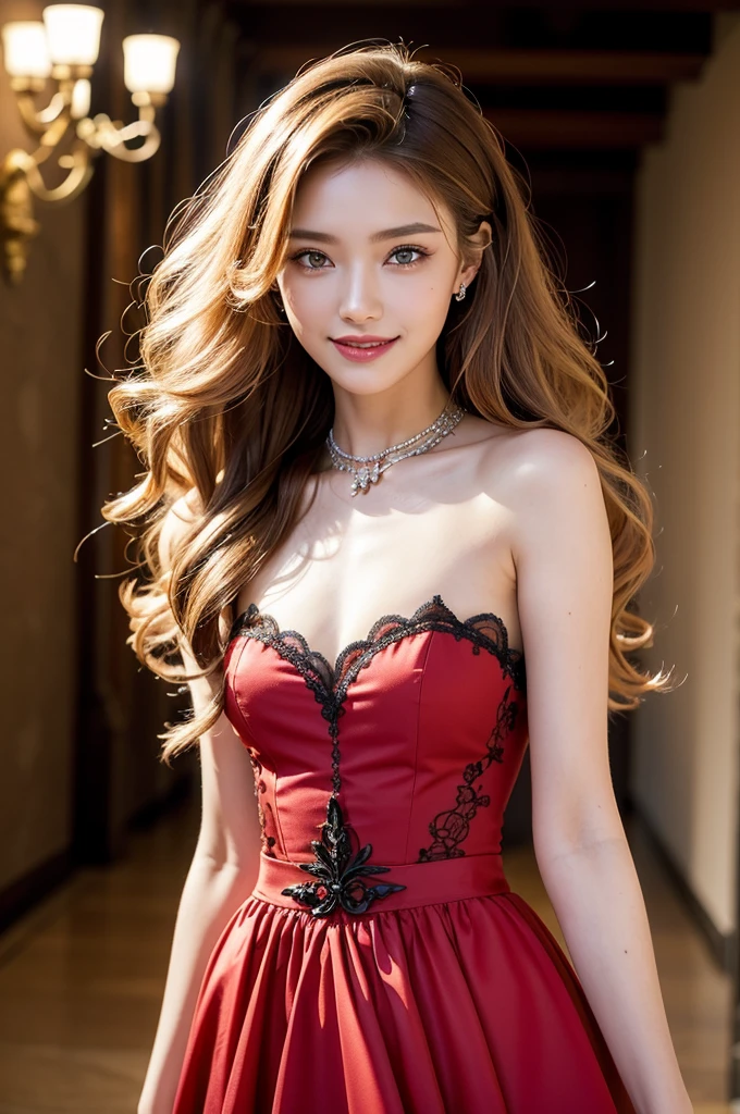 girlvn03, 1girl, (smile:1.4) Stunningly Beautiful Girl, Haute_Couture, designer dress, wearing Haute_Couture, posing for a picture, fashion show, Long shaped face, angry, crazy, dark red eyes, Sandy Blonde side-swept hair, short hair, long ringlets, catwalk \(walkway\), , colorful, vivid colors, masterpiece, best quality, absurdres, highest quality, amazing details, 8k, aesthetic,