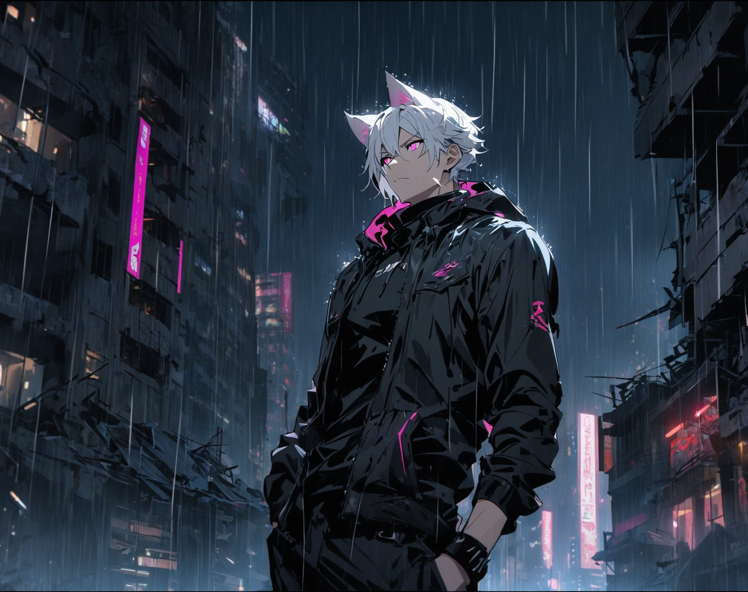 1 men, short white hair, pink eyes, Kitten ears, Wearing a black casual outfit, wearing gloves, slightly muscular body, at night, raining, front view, Top of a destroyed building, Hand in pockets, 4K, bright coloured, tall quality