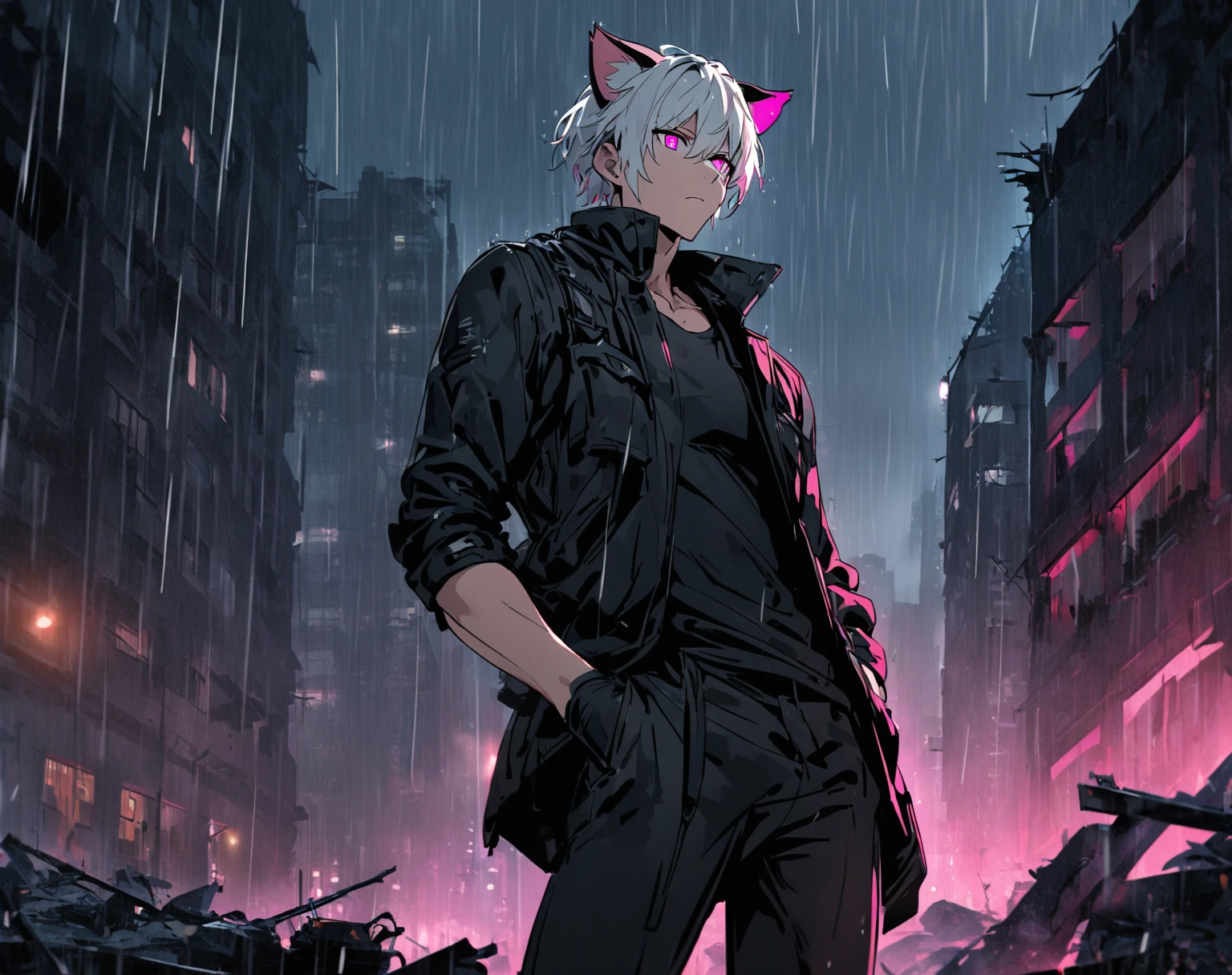 1 men, short white hair, pink eyes, Kitten ears, Wearing a black casual outfit, wearing gloves, slightly muscular body, at night, raining, front view, Top of a destroyed building, Hand in pockets, 4K, bright coloured, tall quality
