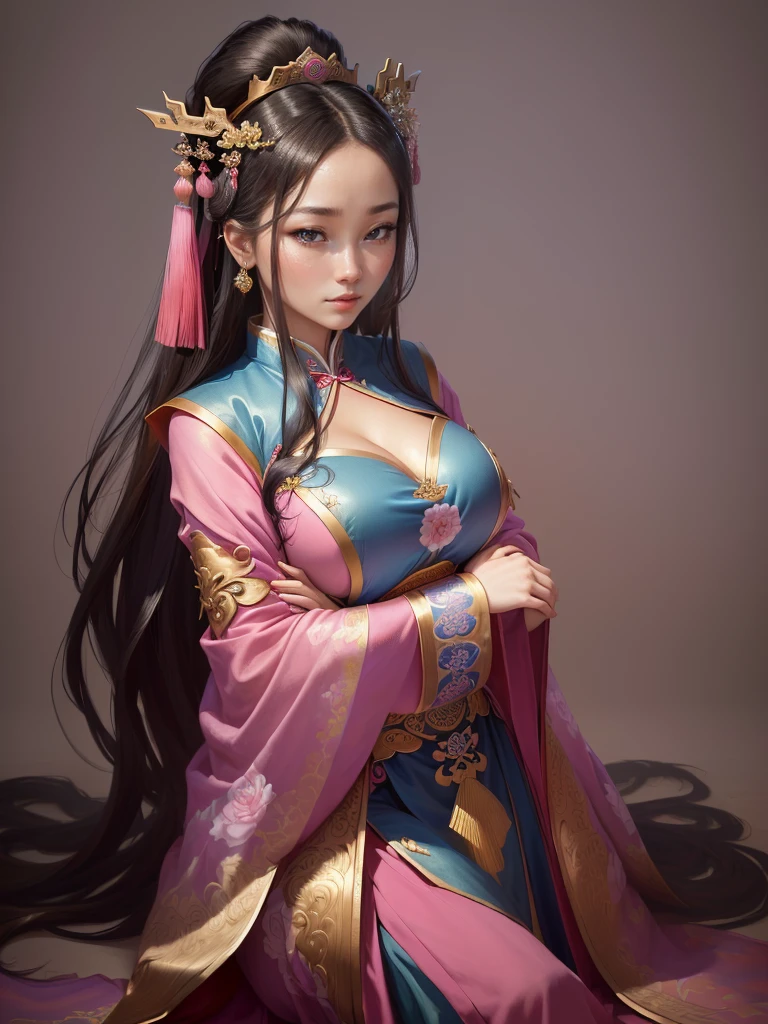 a painting of a woman in a pink and blue dress, ancient chinese princess, a beautiful fantasy empress, beautiful character painting, chinese princess, inspired by Lan Ying, ancient chinese beauties, ancient asian dynasty princess, inspired by Ju Lian, ((a beautiful fantasy empress)), palace , a girl in Hanfu, chinese empress, beautiful render of tang dynasty, Highly detailed CG unit 8k wallpaper, masterpiece, High resolution, highest quality, highest quality real texture skin, Super Real, Digital Painting, Best image quality, 最High resolution, 8k, ((Highly detailed eyes and face, Beautiful eyes every detail)), 1girl, Full Body Shot, wariza, Saggy breasts, Gravity-dependent breasts, long chest, Heavy chest, disproportionate breasts, huge breasts, sagging breasts, gigantic breasts,