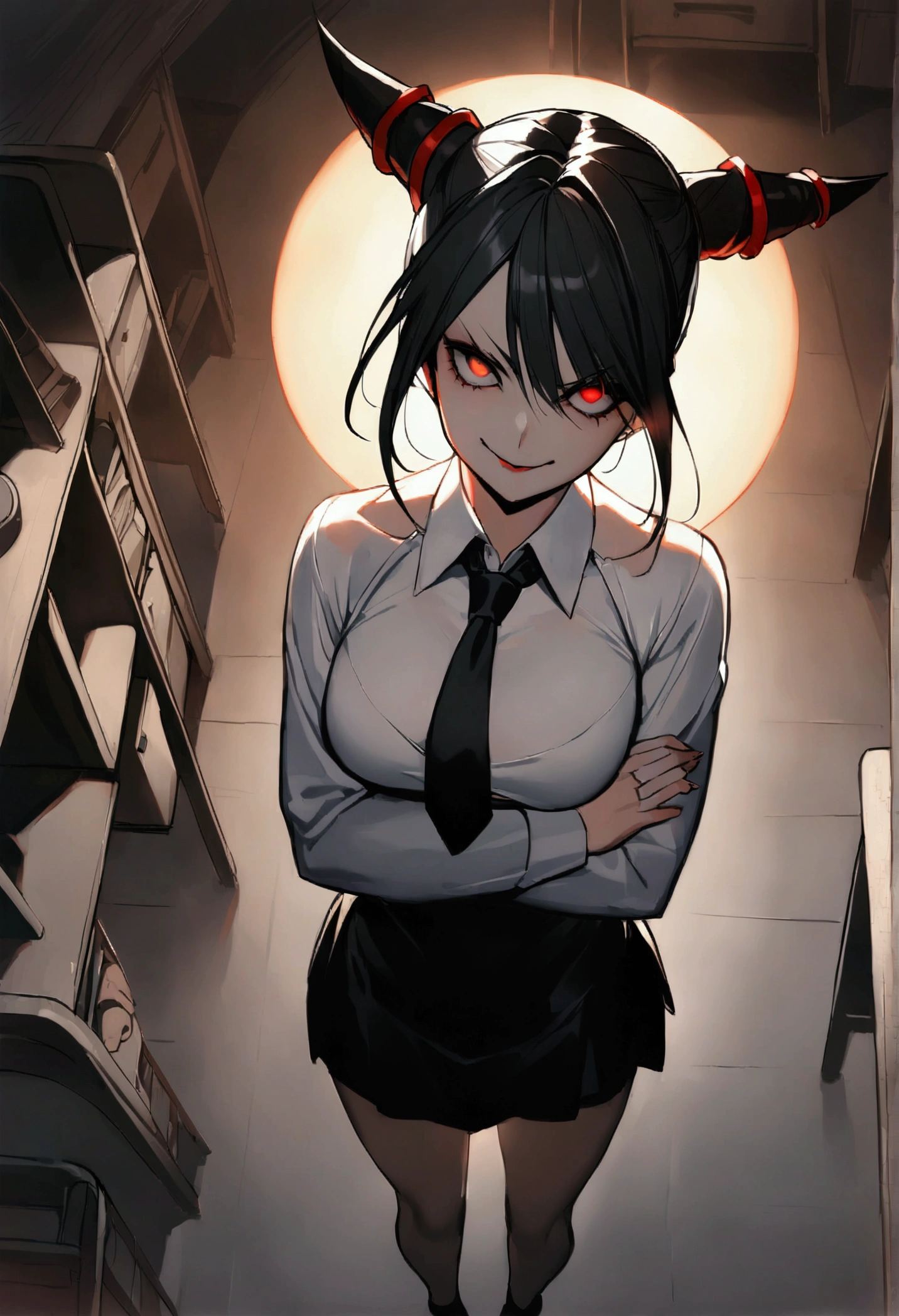 Juri Han, artwork, fitted white secretary shirt with black tie, black high-waist skirt, skirt short,sock, Bblack hair, scary black sun,desk,bangs on the eyes,Lighting,hair horn,from above view,staring overhead,Evil smile,arms crossed
