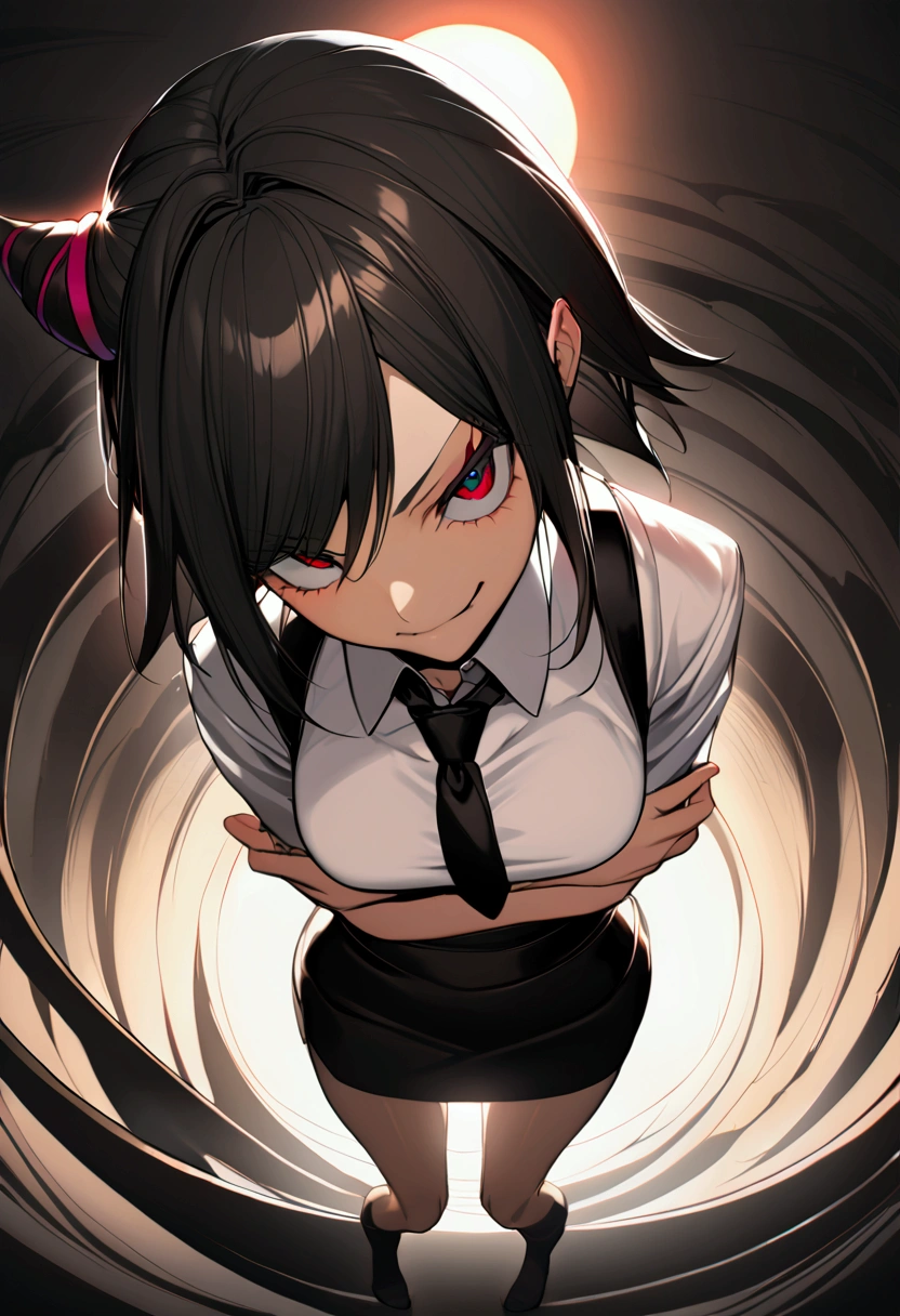 Juri Han, artwork, fitted white secretary shirt with black tie, black high-waist skirt, skirt short,sock, Bblack hair, scary black sun,desk,bangs on the eyes,Lighting,hair horn,from above view,staring overhead,Evil smile,arms crossed
