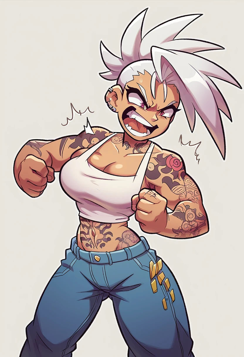 a cartoon girl with a tattoo on her arm, character is in his natural pose, female protagonist 👀 :8, great character design, arms on waist pose, video game character designs, strongest pose, struggling pose, whole body!!!, thick, super super dynamic dynamic pose, official busty character art ((big boobies)),white hair with pink 