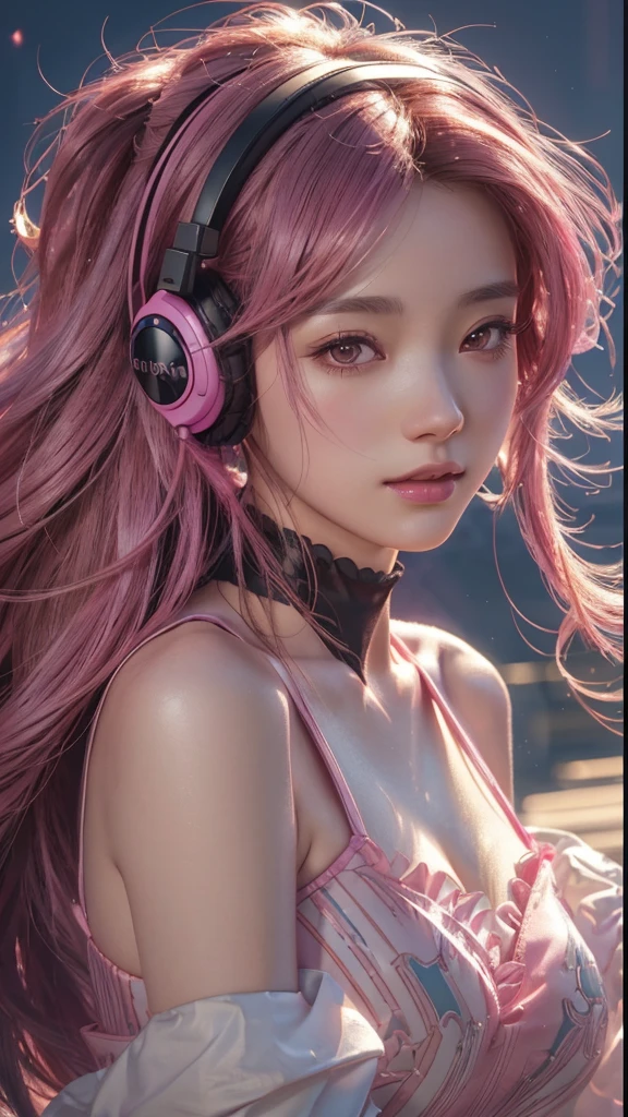 arafed woman with headphones and a pink dress posing for a picture, artwork in the style of guweiz, trending on cgstation, anime style. 8k, 8k high quality detailed art, photorealistic anime girl render, smooth anime cg art, anime style 4 k, detailed digital anime art, 3 d anime realistic, digital anime art, guweiz