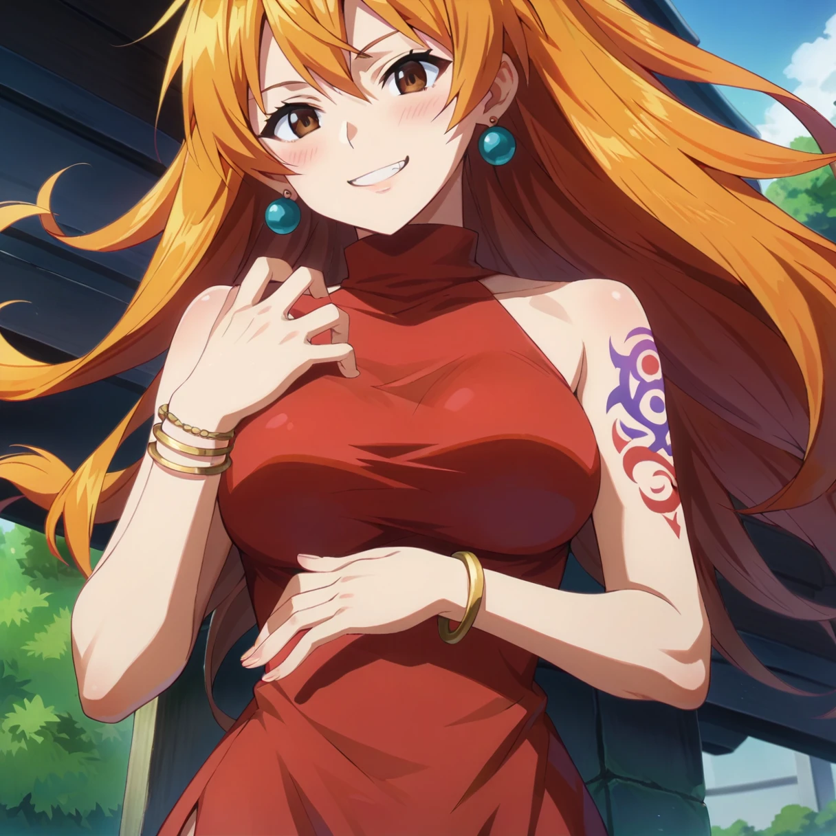 4K,High resolution,8k,CG,anime senri,we,alone, Orange Hair,Brown eyes,Long Hair, jewelry,tattoo,bracelet, Earrings, Red dress,Red sleeveless,Red turtleneck,Red sleeveless turtleneck dress,Red mini skirt, Exposing shoulders,Large Breasts,Cowboy Shot,Are standing,Lower Body,Outdoor,smile,Mouth closed,blush, 