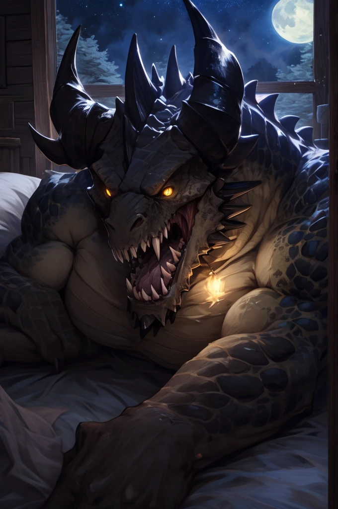 Deathclaw.Wild.Sharp teeth.Huge body.Muscular.scales.Open Mouth.saliva.tongue.Upper body close-up.Big yellow eyes.Selfie.(((Lying in bed))).National costume.night.((Tilted camera.))Bedroom.Log house.force.prey.sense of distance.window.Starry Sky.Atmospheric Darkness.Very dark.Moonlight.(masterpiece.Highest quality.)