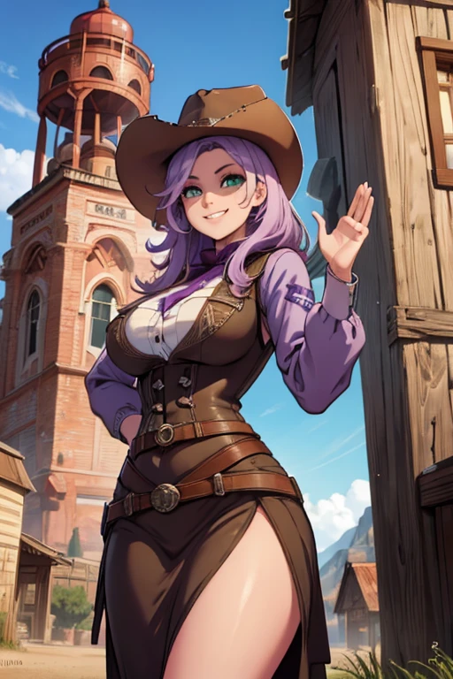 Perfect face. Perfect hands. A light purple haired cowgirl with green eyes and an hourglass figure in a conservative cowgirl outfit is smiling underneath a water tower in wild west town with a big smile