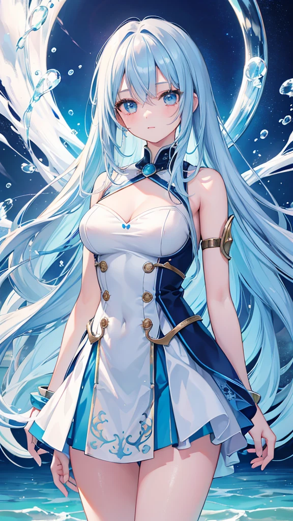 light blue hair, shiny hair, Surrealism, anime, 8k, super detail, UHD, masterpiece, accurate, anatomically correct, textured skin, super detail, high quality, award winning, best quality, highres
"A girl representing Mercury, with a water theme. She has an intellectual and calm demeanor, but possesses inner strength. She has blue eyes, long blue hair. Her appearance is ethereal, reflecting the tranquility and depth of water."