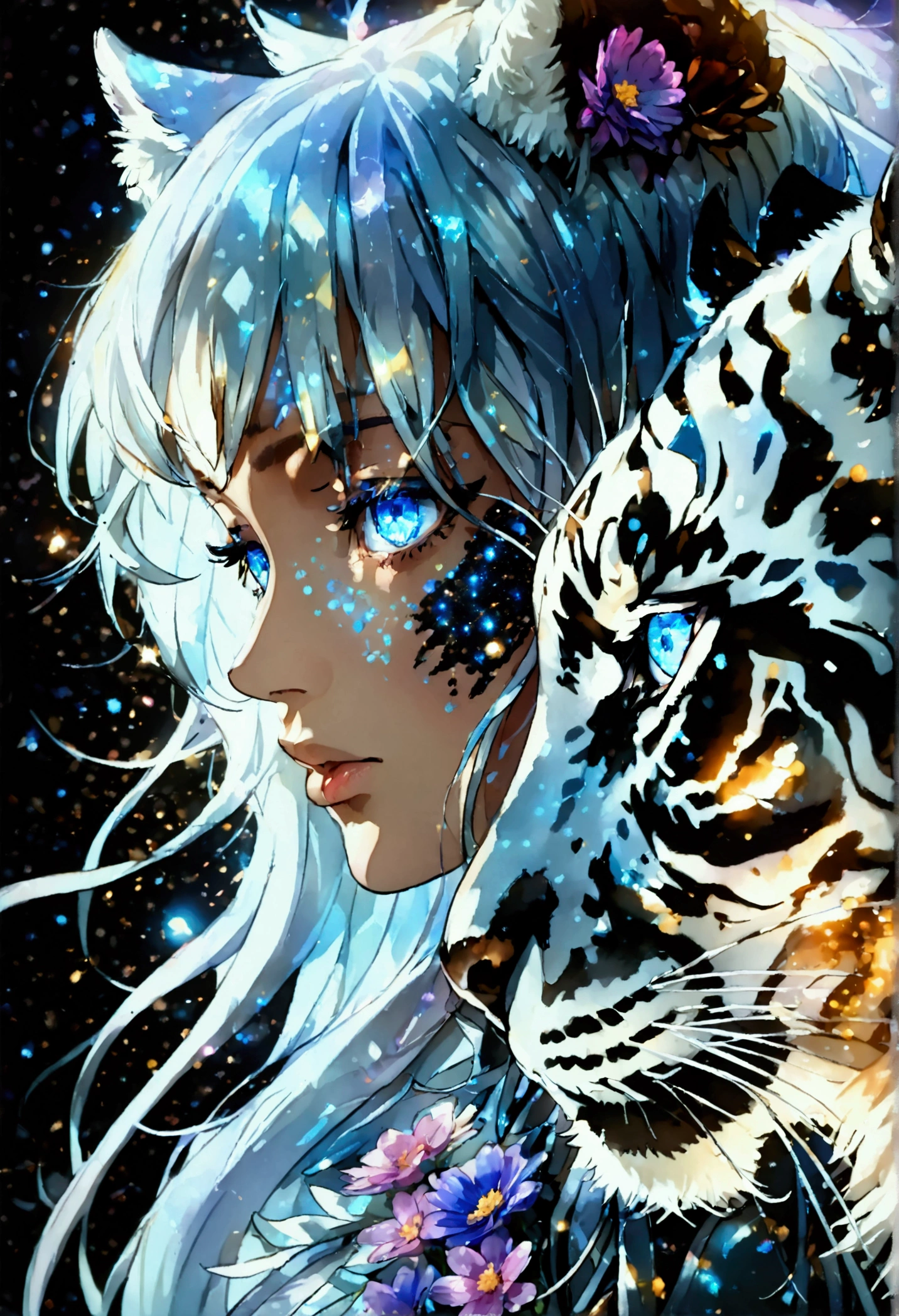 PORTRAIT, only face portrait, macro, a battle angel portrait, beautiful white skin with sparkles and glitter, long long hair with blue flowers on hair, shiny and lightening eyes, cosmos eyes, next to a white tiger, highly detailed fur (vectorized) blue lightening eyes, detailed skin, image is compelling with dynamic composition and energetic posing. Include many fantasy details such as bumps, phantasmal iridescence, glitter, galaxy, cosmos, ((dark celestialskin body, void cosmic body)), (((dark background))), (((lights off))), (((hollywood dark))), horror, dramatic shadows, (in a dark fantasy space:1.3, glitter, sparkle, gleam) vector digital illustration, (black background:1.5)sharp