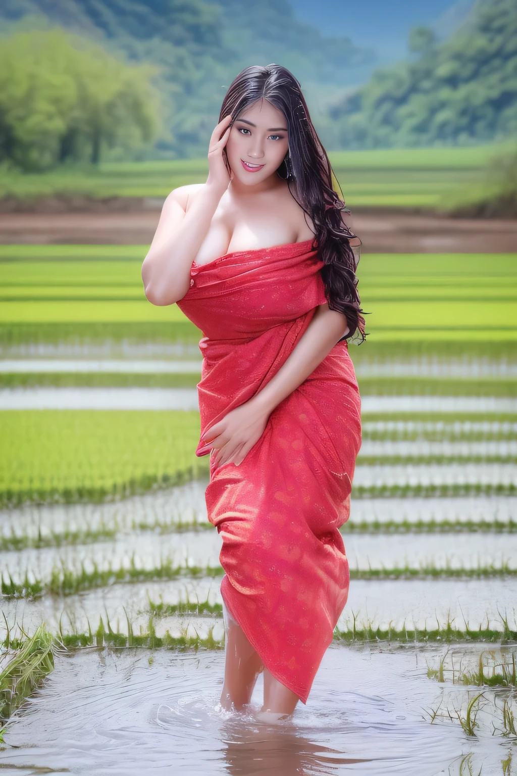 A Beautiful Girl, Fair-skinned, full body image, 20 years old, (gorgeous face, face shape., beautidul eyes, Beautiful Nose, Red mouth), (long-haired), ((Thai sarong)), ((bathe)), ((enormous breasts, breast augmentation, huge breast)), (((beautiful legs, Slender Legs), (body dripping wet), rice fields background, folk, natural