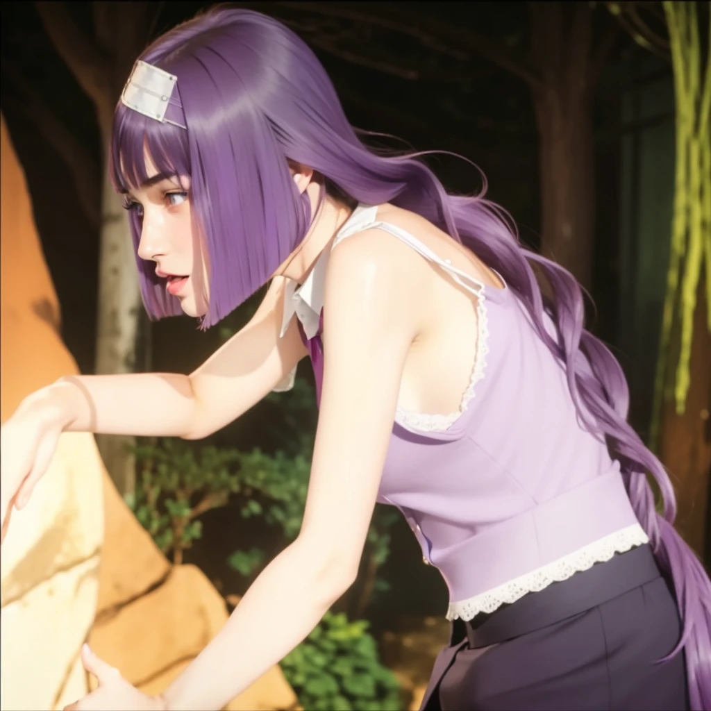 realistic, masterpiece, cinematic lighting, 8K, real life, real image details, intricate details, perfect color details, high brightness, medium contrast, hair shape details, eye image details, face shape details, real shining skin, a beautiful girl, 12 years old, long purple hair, middle bangs hair type, very neat hair shape, oval face shape, face blush, thin purple eyebrows, purple eyes, pink lips, open mouth, short purple collared sleeveless shirt, open buttoned shirt, sexy body, wet body, smooth armpits