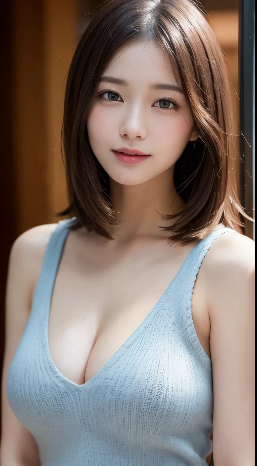 Tabletop, Highest quality, Photorealistic, In detail, High resolution, 8k wallpaper, Perfect dynamic composition, Beautiful attention to detail, Medium Hair, Big ample breasts, Random sexy poses,Put your chest together、(Tank Top Knitwear、The slit is open and you can see her cleavage.)、(Breast Swelling 1.2)、Laughter、Open your mouth、Resort scenery、26 years old、(Droopy Eyes 1.4)、Adult Beauty、Japanese