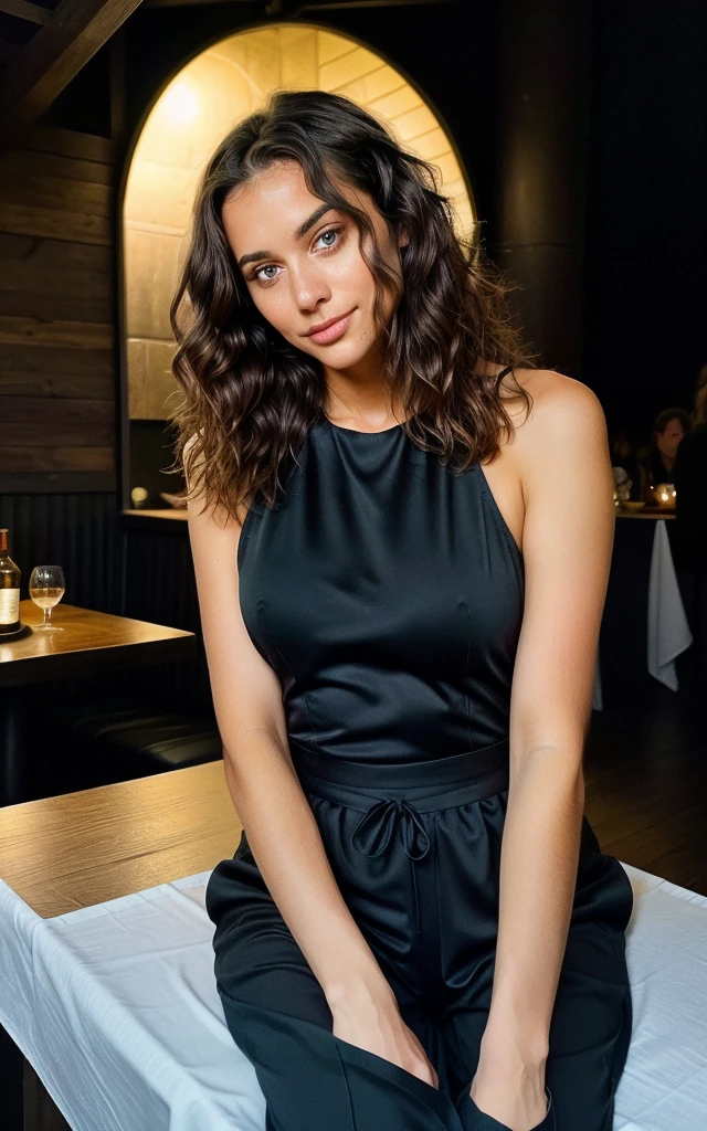 Beautiful brunette, wearing a black jumpsuit (22 years old, innocent face, naturally wavy hair, blue eye), Sitting in a steak resturant ((Selfie on the upper body, a happy)), masterpiece, beste-Qualit, Ultra-detail, solo, En plein air, (the night), Mountains, cheerful, analog style (look at the viewer: 1.2) (Skin texture) (Film grains: 1.2), (warm hue, warmer Ton: 1.1), sidelighting, extra high resolution, better shadow, SPIRIT, upper body, jumpsuit with perfect 