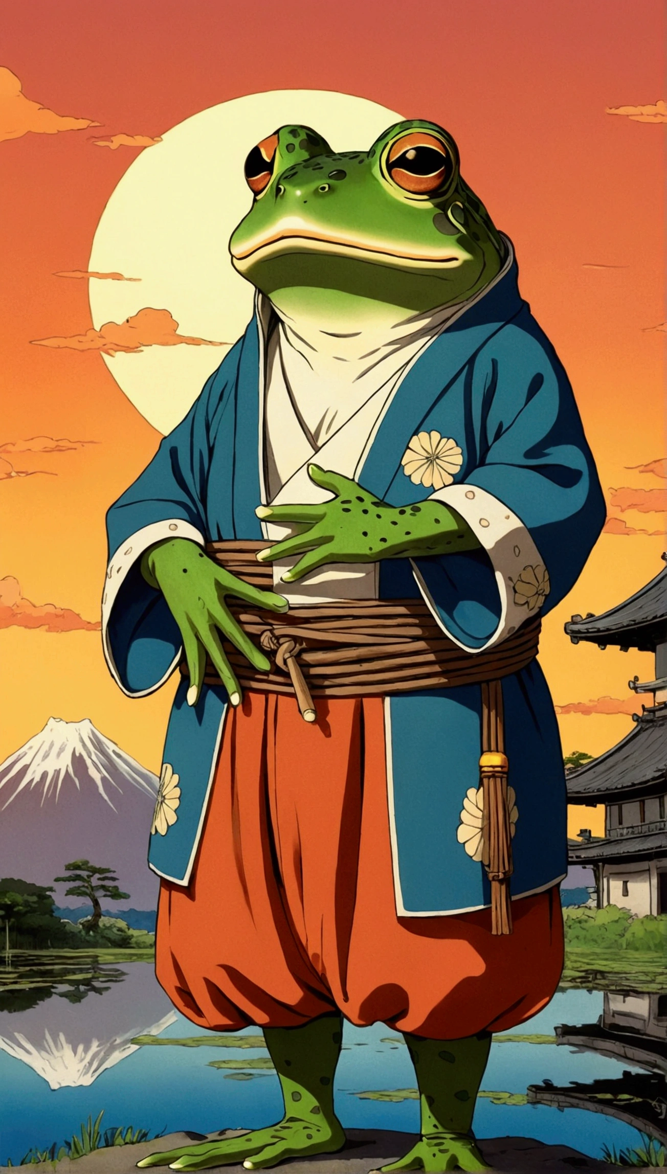 Studio Ghibli style. Frog wearing clothes from feudal Japan. ao por do sol