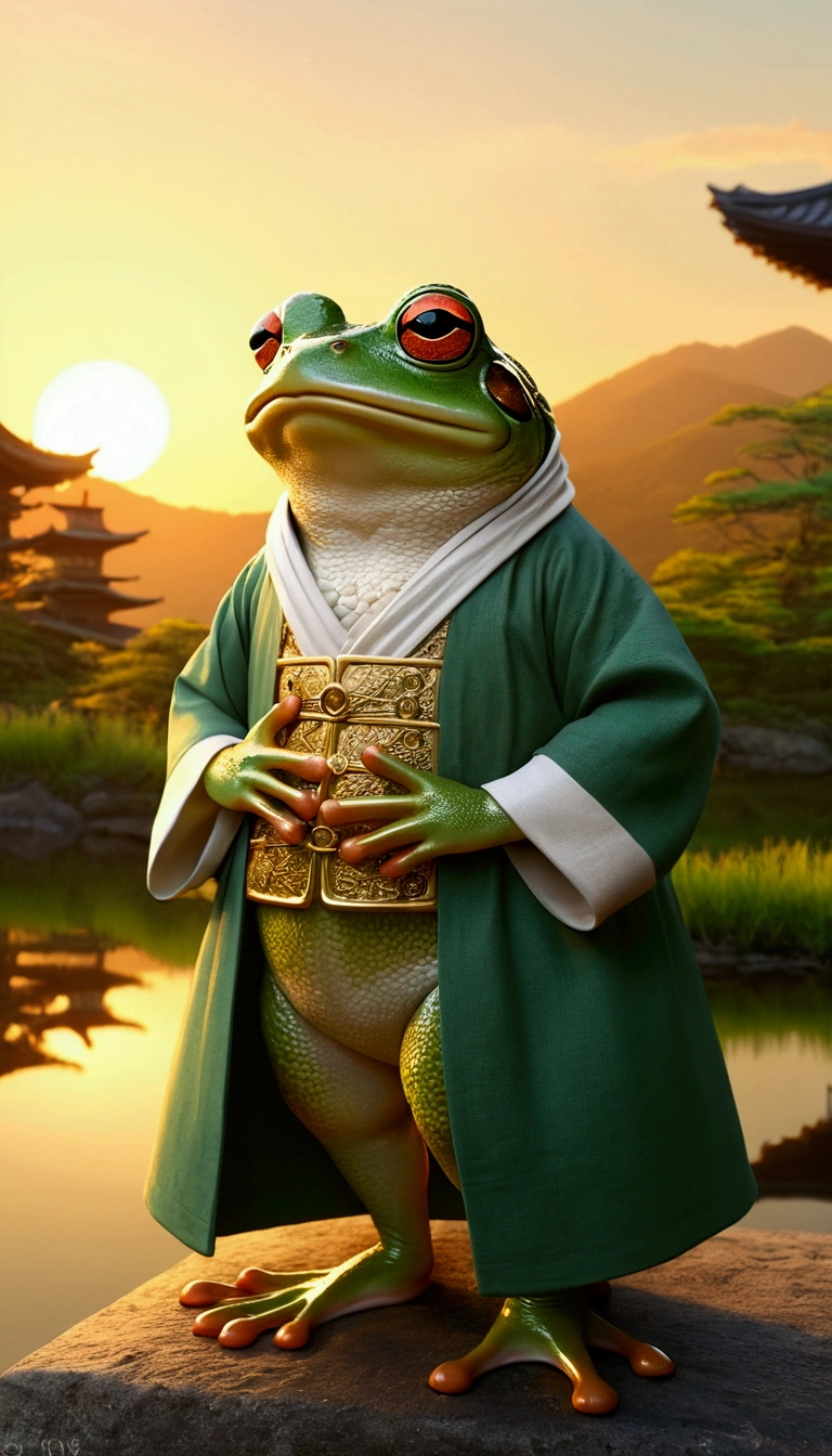 Studio Ghibli style. Frog wearing clothes from feudal Japan. ao por do sol